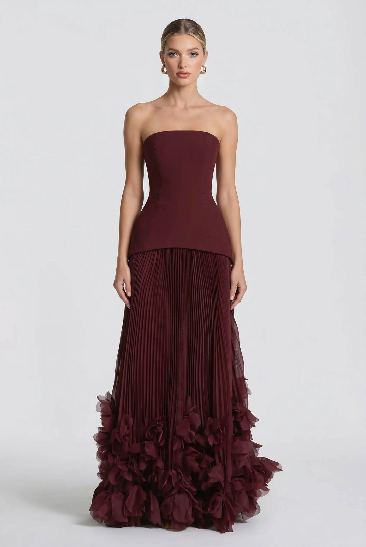 Strapless Burgundy Pleated Maxi Gown With 3D Floral Ruffle Hem Flowering Girl