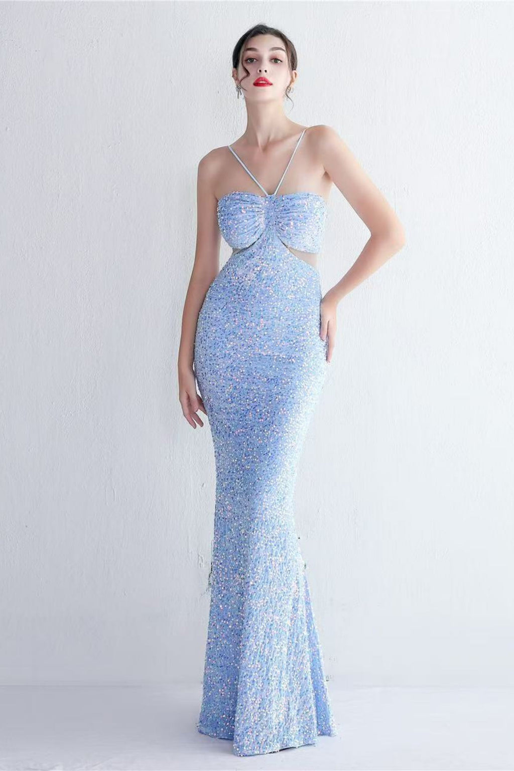 Marian Blue Cutout Sequins Halter Maxi Dress Flowering Girl