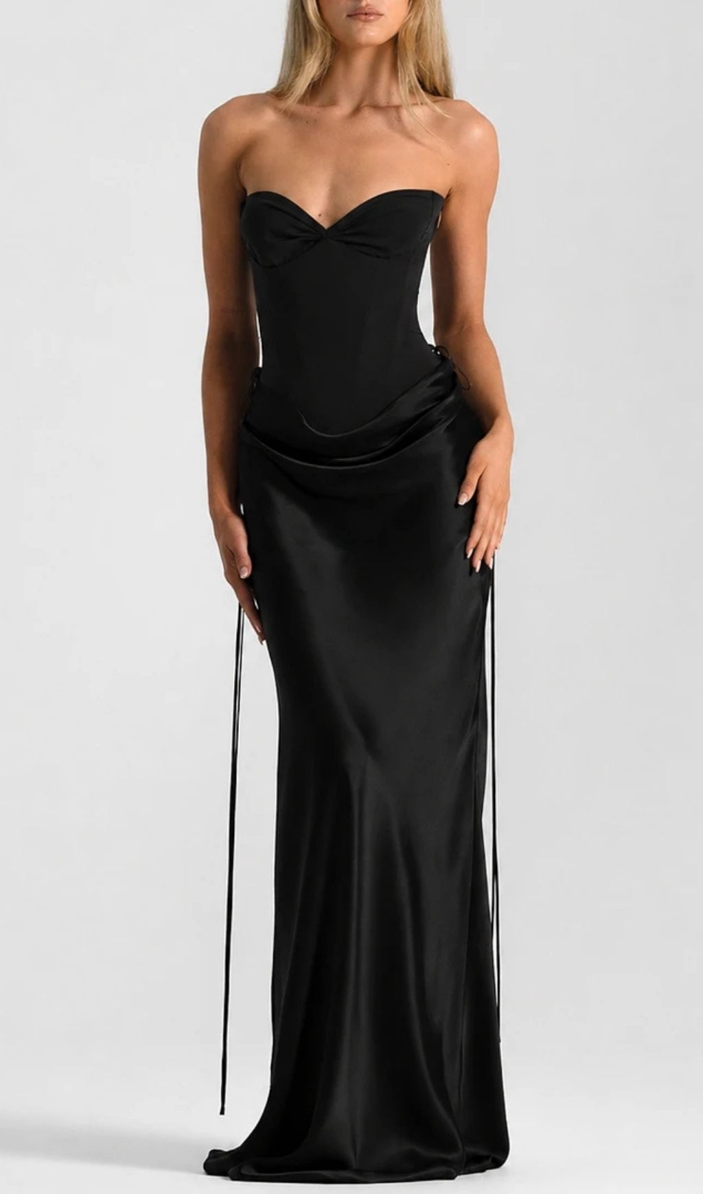 Beatrix Strapless Corset Satin Maxi Dress - Black Flowering Girl
