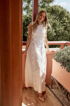 Lace Trim Embroidery Hollow Midi Dress In White Flowering Girl