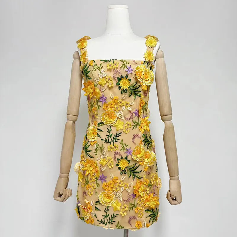 Fyodor Strappy Flower Embroidery Mini Dress Flowering Girl