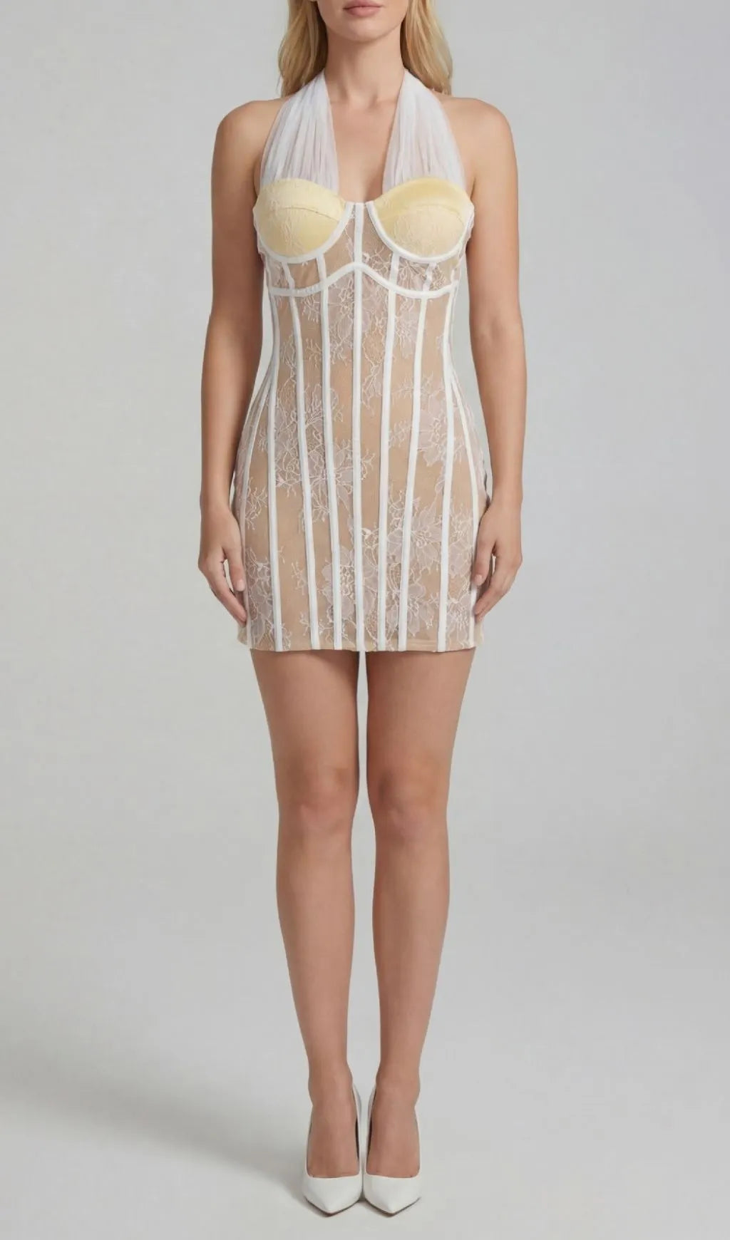 Kena White Halter Lace Corset Mini Dress Flowering Girl