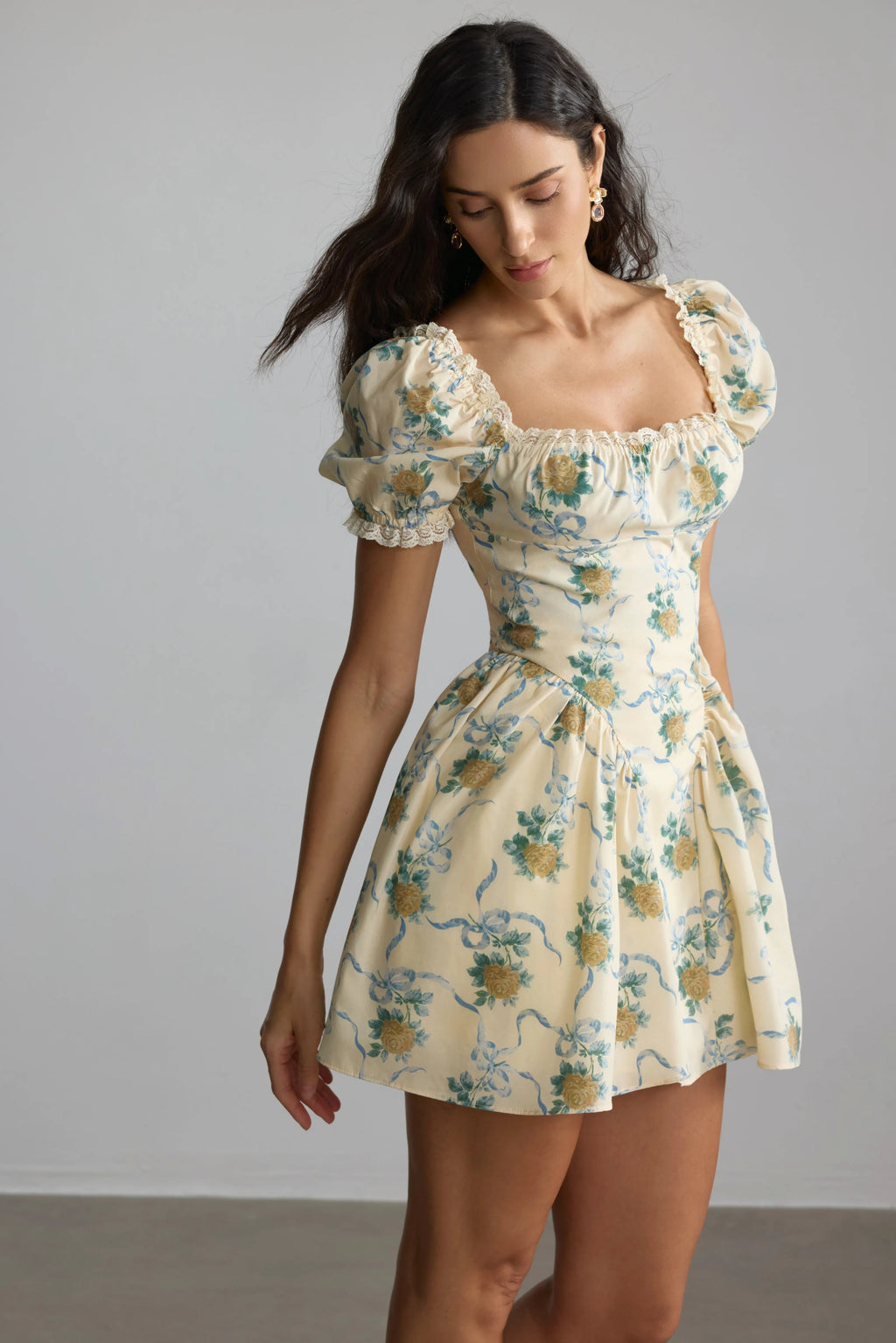 Beverly Floral Print Square Neck Mini Dress In Yellow Flowering Girl