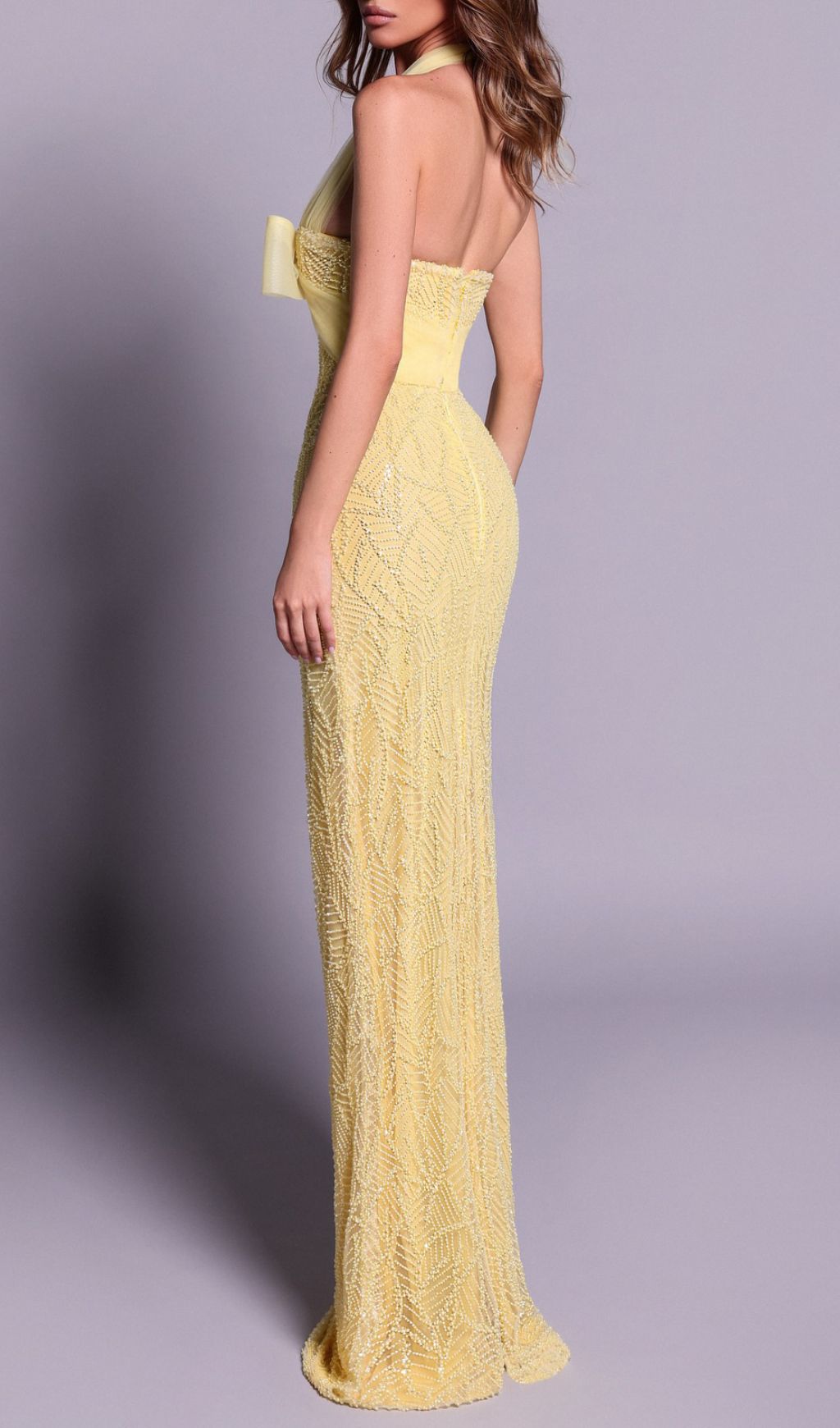 Jermaine Yellow Halter Bow Beaded Maxi Dress Flowering Girl