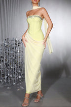 Rhinestone Patchwork Strapless Herringbone Maxi Dress - Yellow Flowering Girl