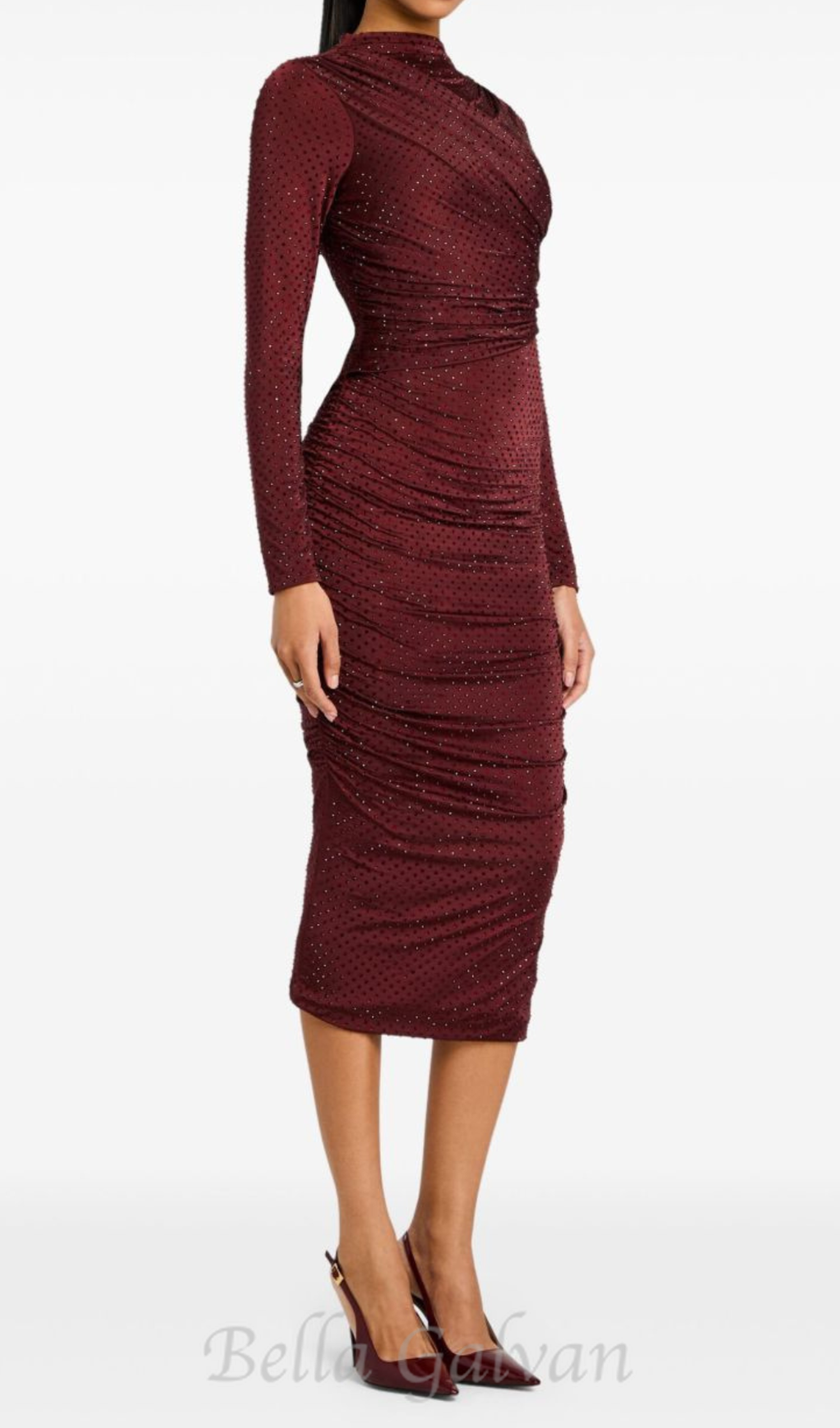 Diamond embellished pleated Midi Dress in merlot Flowering Girl