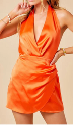 Satin Halter Wrap Mini Dress In Orange Flowering Girl