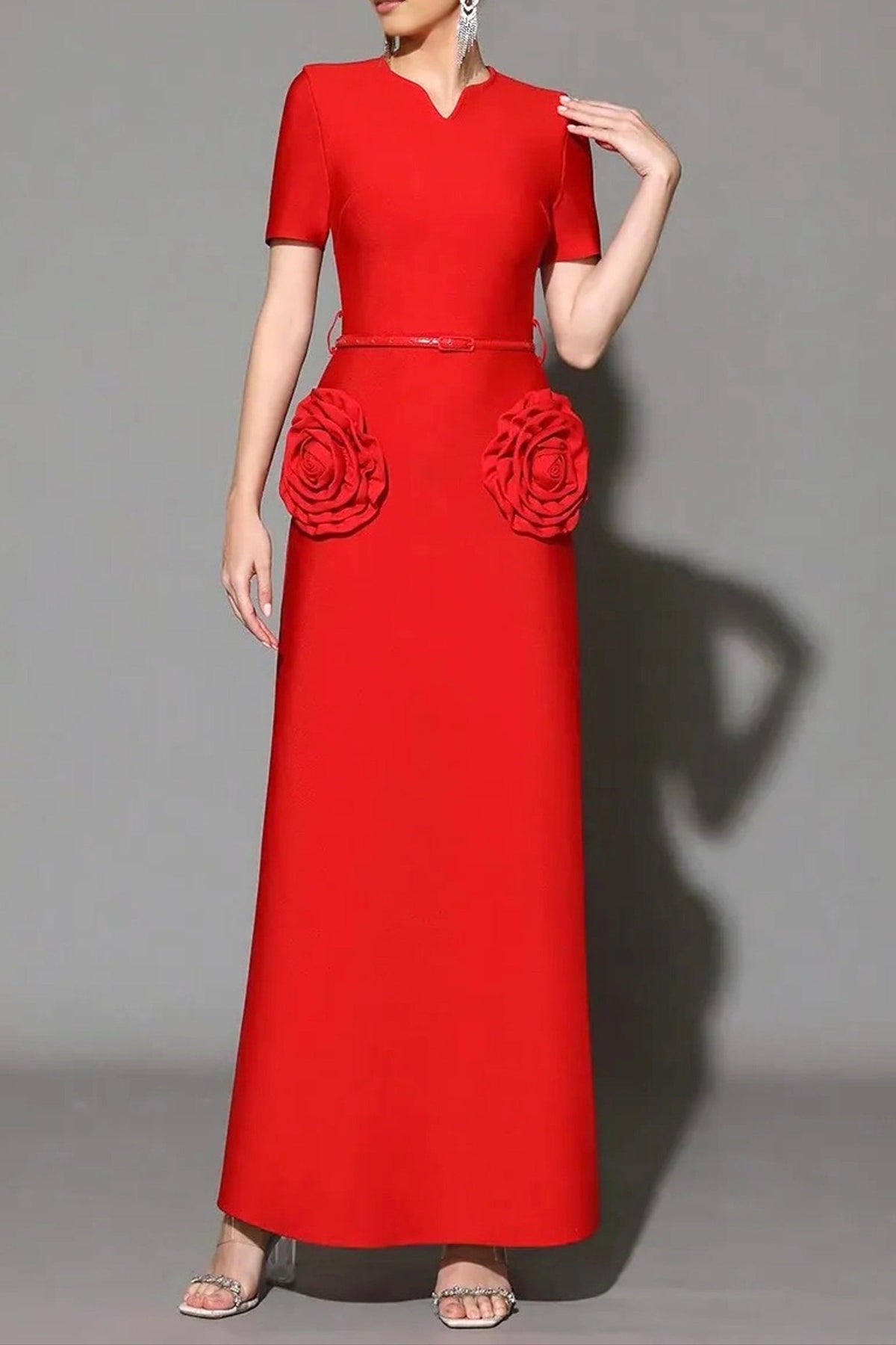 3d Flower Embellished Slim Maxi Dress In Red Flowering Girl
