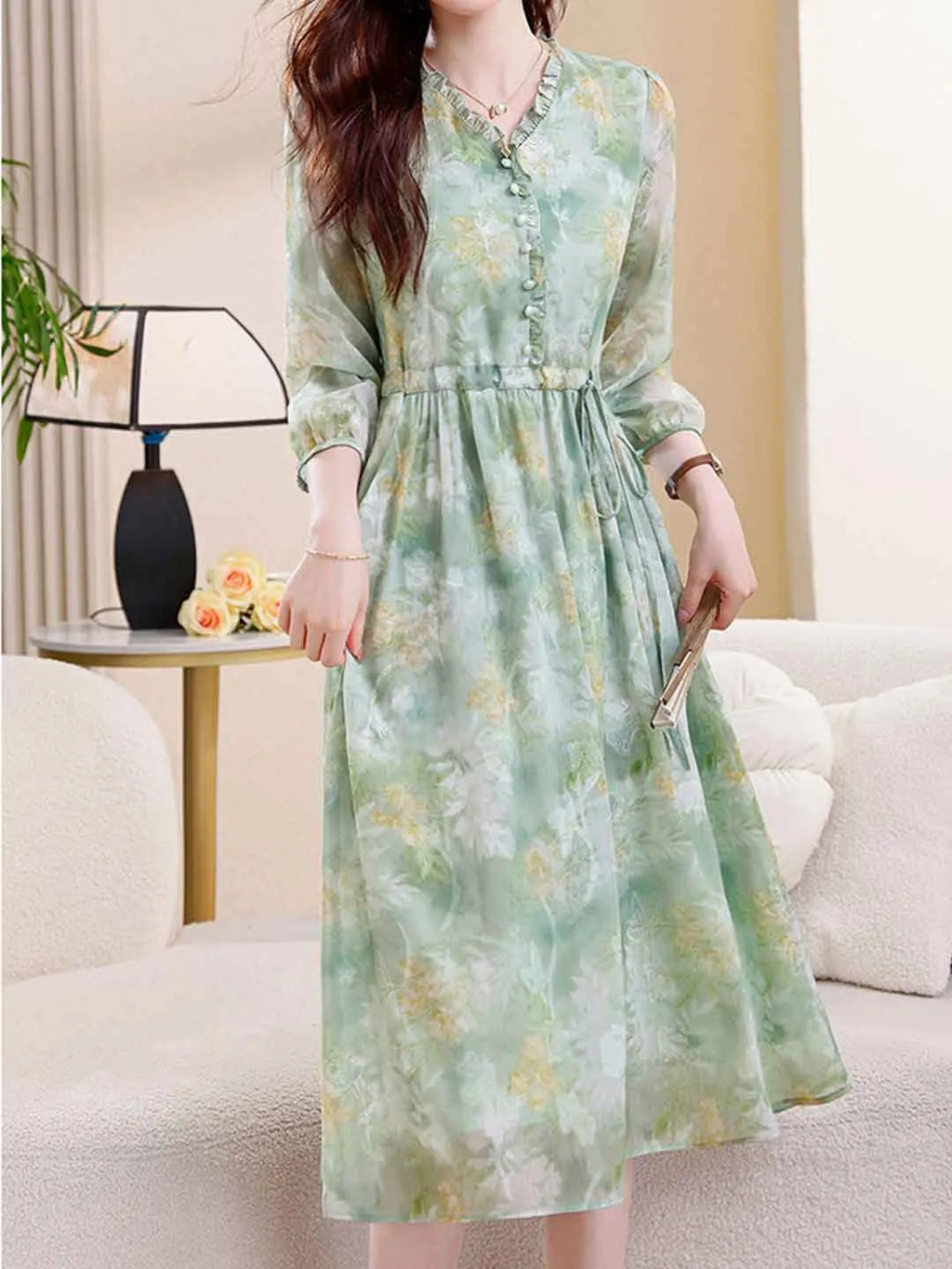 Martha Vacation Auricular Collar Jacquard Drawstring Dress Flowering Girl