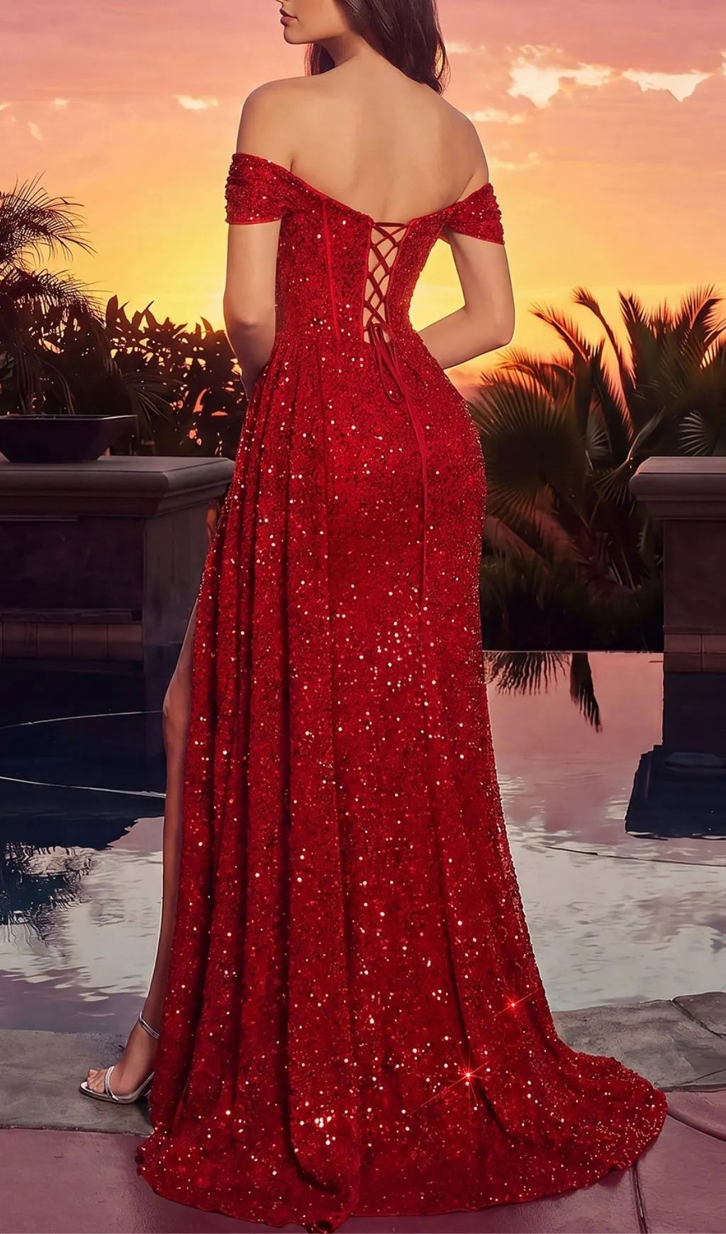 Lamar Red Off-Shoulder Corset Sequin Gown Flowering Girl
