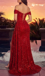 Lamar Red Off-Shoulder Corset Sequin Gown Flowering Girl