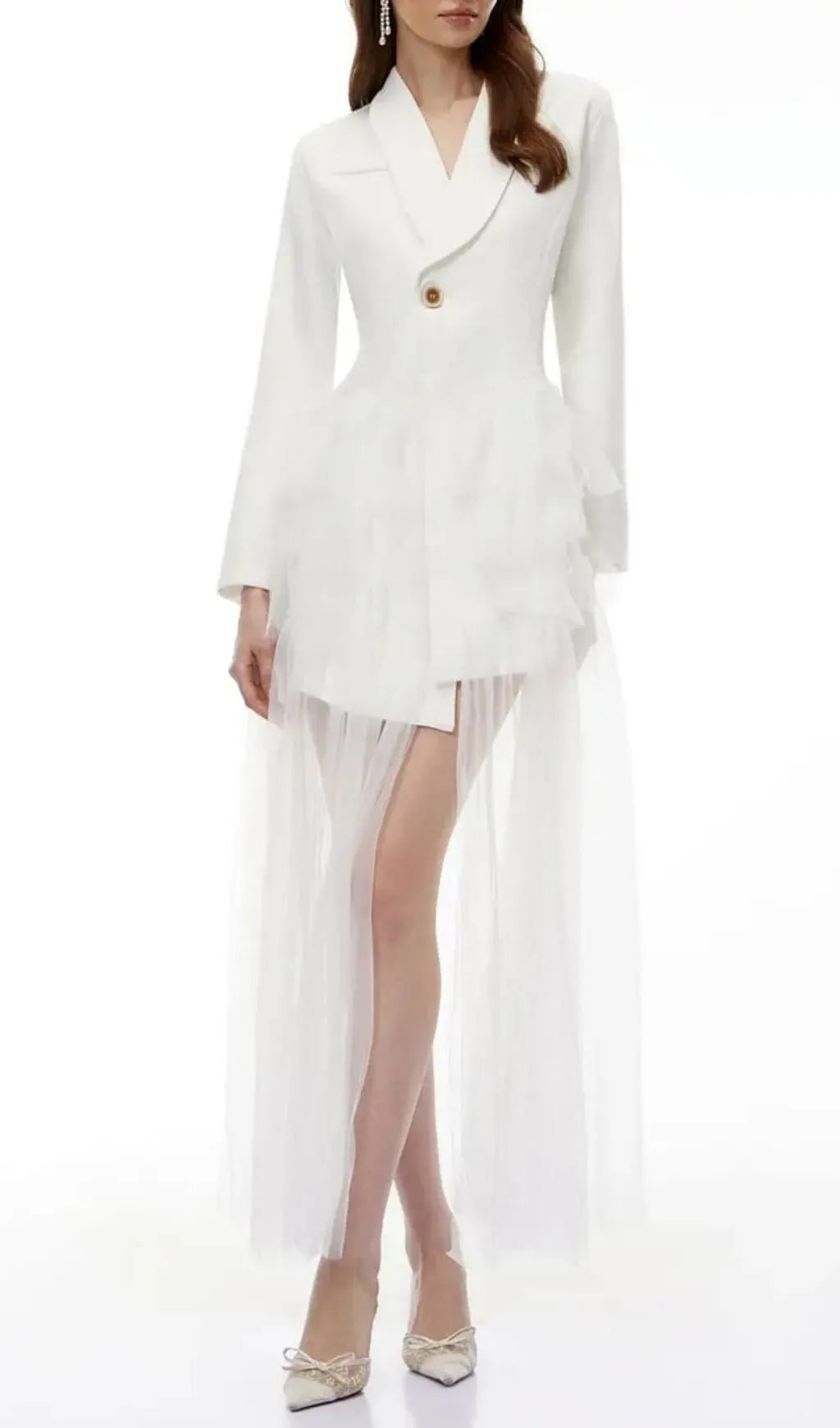 Illyria White Blazer Maxi Dress with Ruffled Tulle Flowering Girl