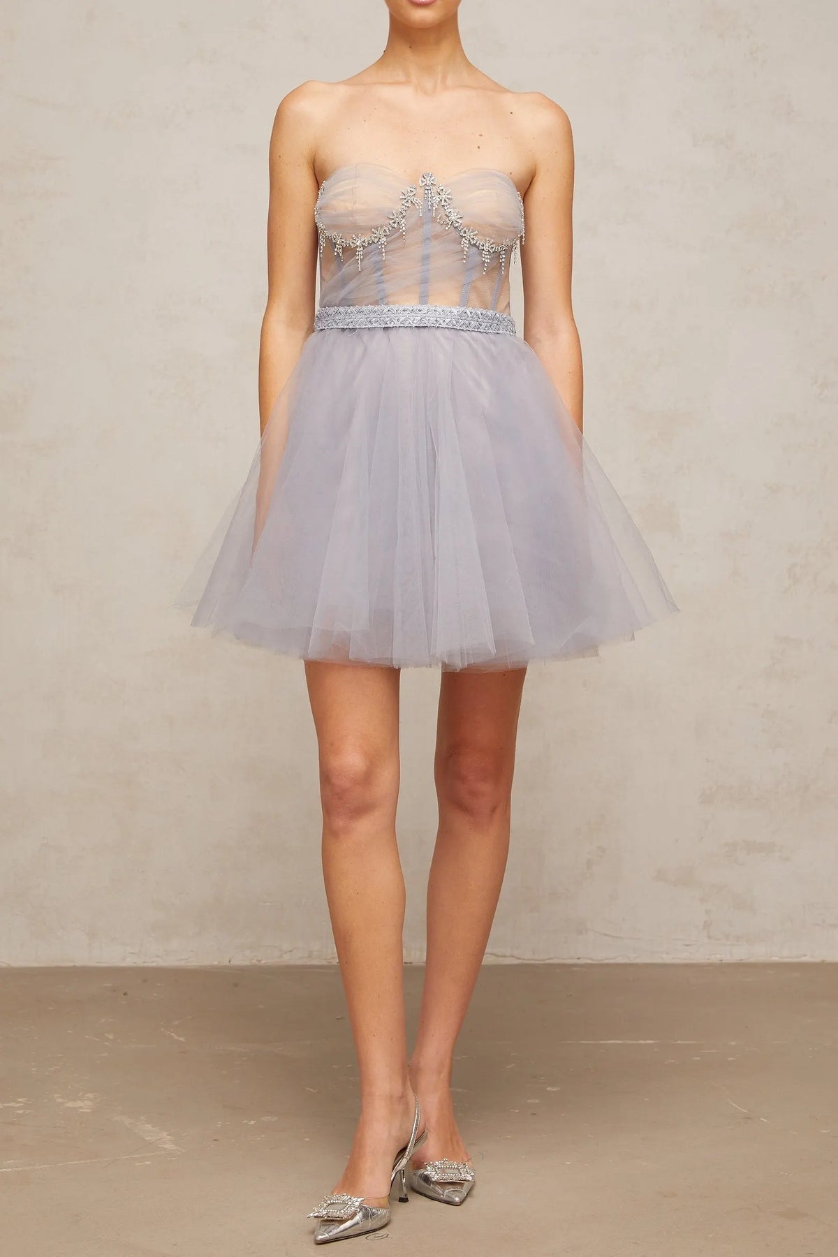 Madeline Grey Embellished Puff Tulle Mini Dress Flowering Girl