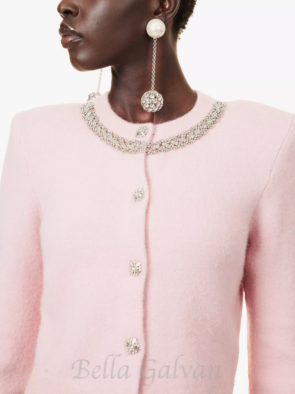 Rhinestone-embellishment padded-shoulders knitted cardigan in pink Flowering Girl