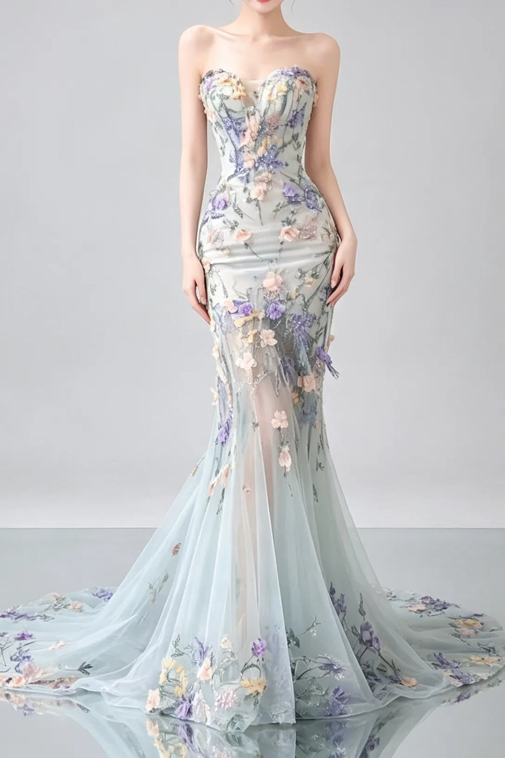 Strapless Pastel 3D Floral Tulle Mermaid Gown With Train Flowering Girl