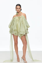 Alisa Ruffle Lace Up Fringe Mini Dress In Green Flowering Girl