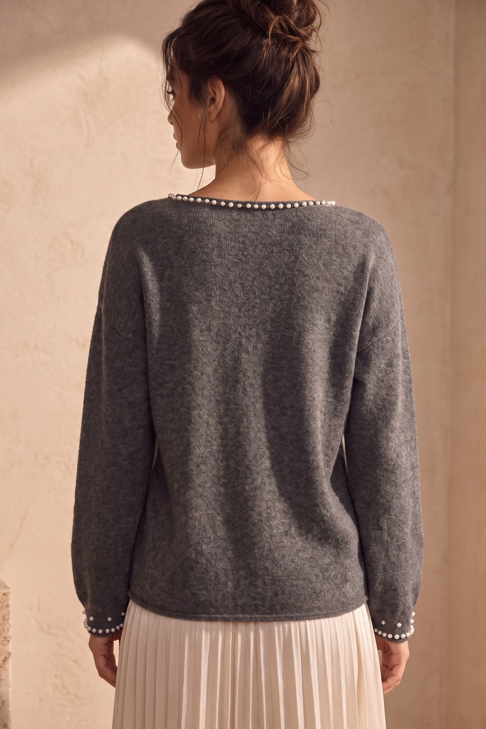 Charcoal Grey Fine-Knit Sweater with Pearl Bead Trim Flowering Girl