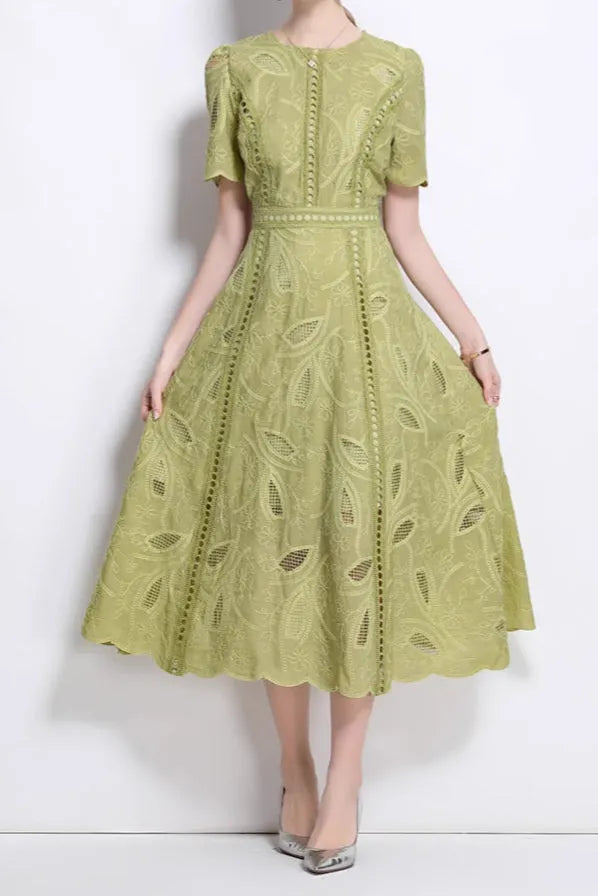 dana hollow embroidery lace midi dress in green Flowering Girl
