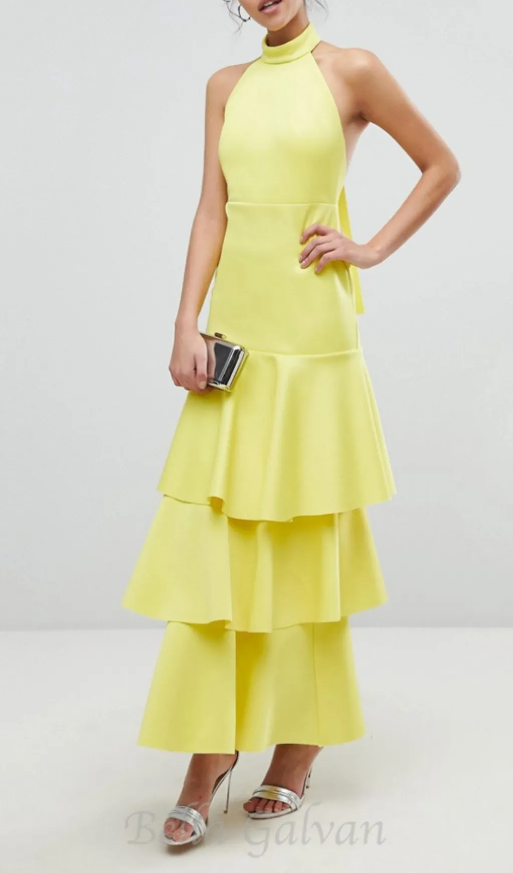 samantha layered off-shoulder midi dress in yellow Flowering Girl