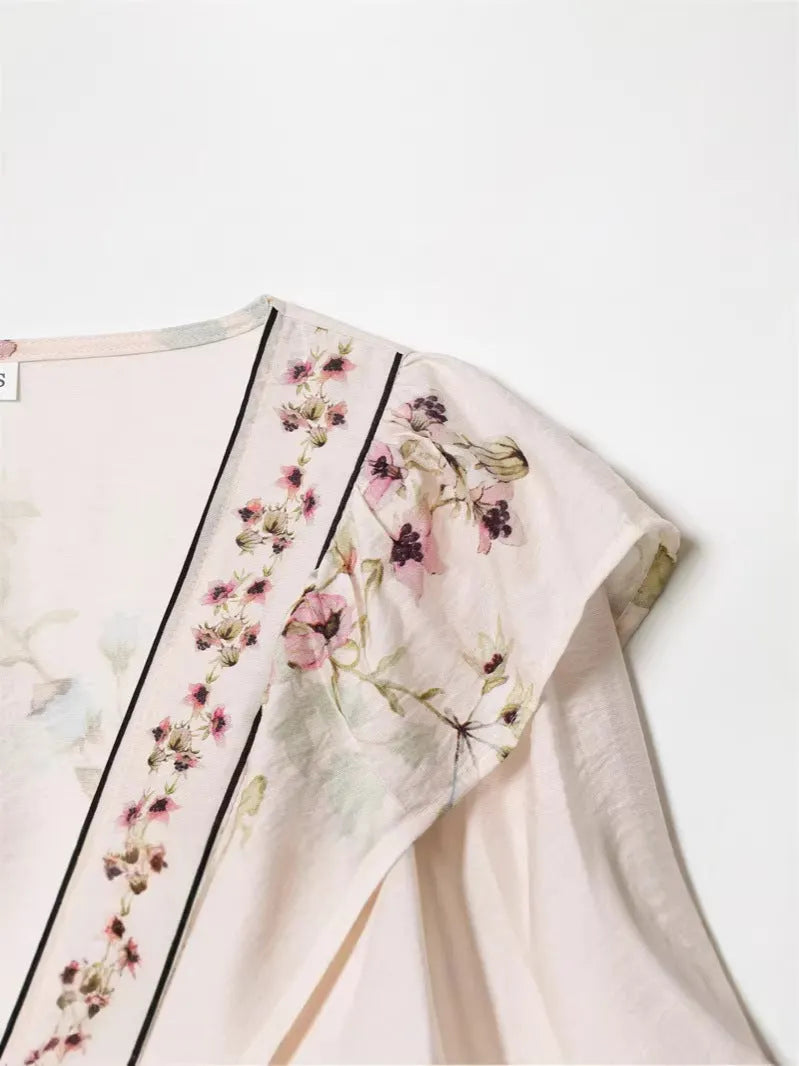 V-Neck Linen Blend Floral Shirt Flowering Girl