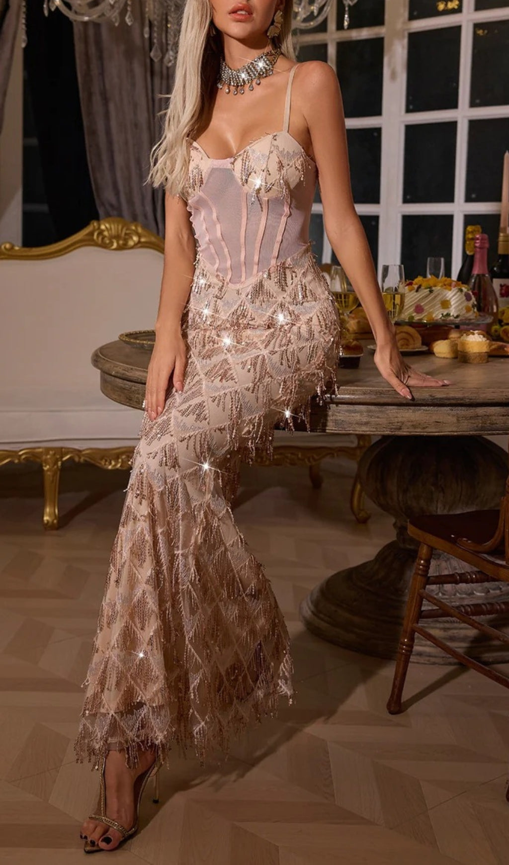 Carol Apricot Sequin Fringe Maxi Dress Flowering Girl
