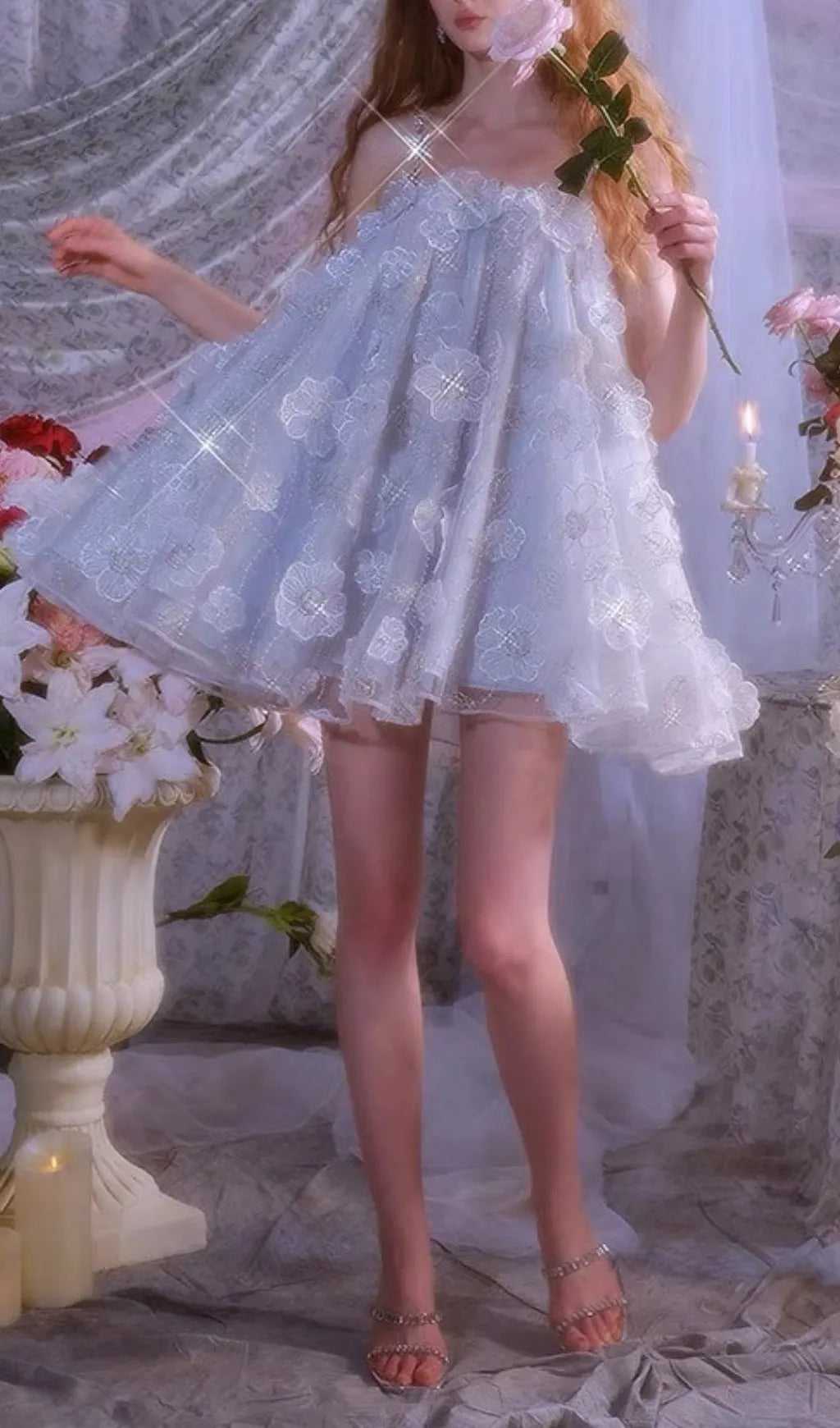 Briana Blue Sequin Flower Embellished Mini Dress Flowering Girl
