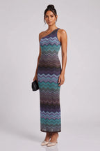 One-Shoulder Chevron Maxi Dress in Teal, Purple & Brown Flowering Girl