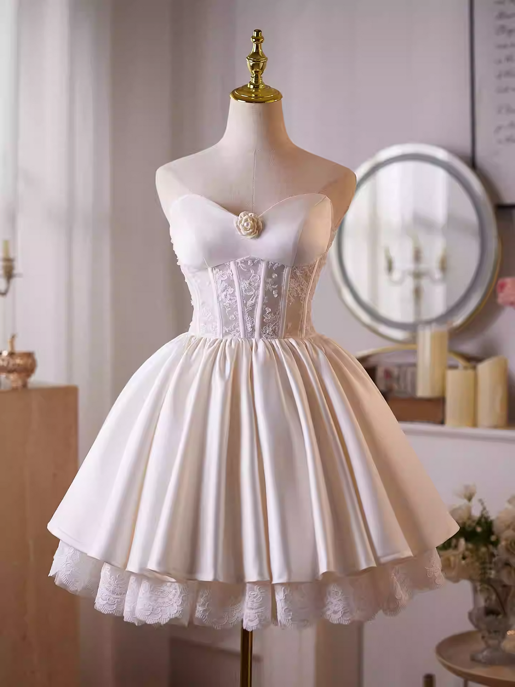 Helen White Flower Strapless Lace Satin Mini Dress Flowering Girl