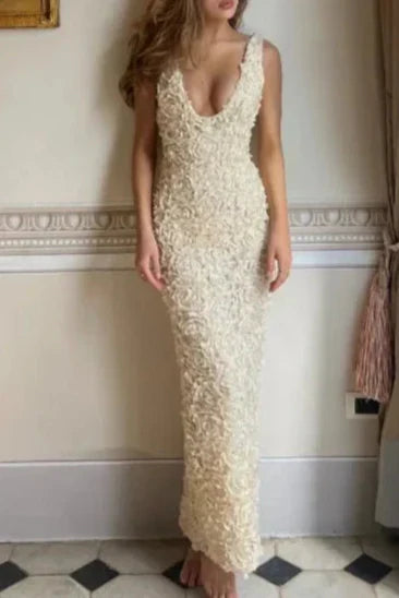3d rose appliqués Maxi Dress in beige Flowering Girl