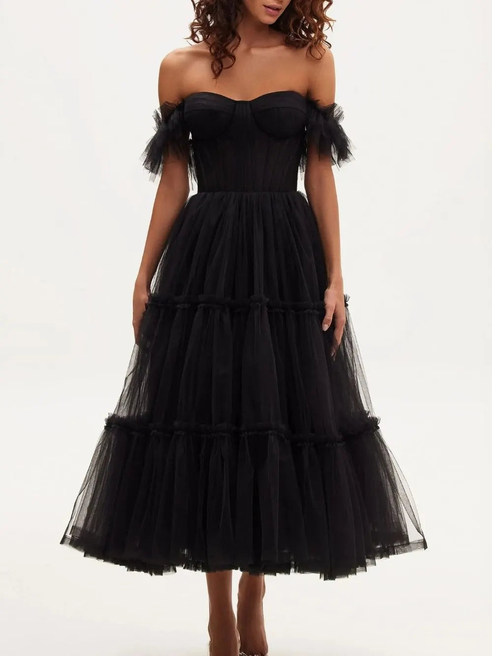 Black Ruffled Tulle Midi Dress Flowering Girl