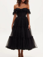Black Ruffled Tulle Midi Dress Flowering Girl