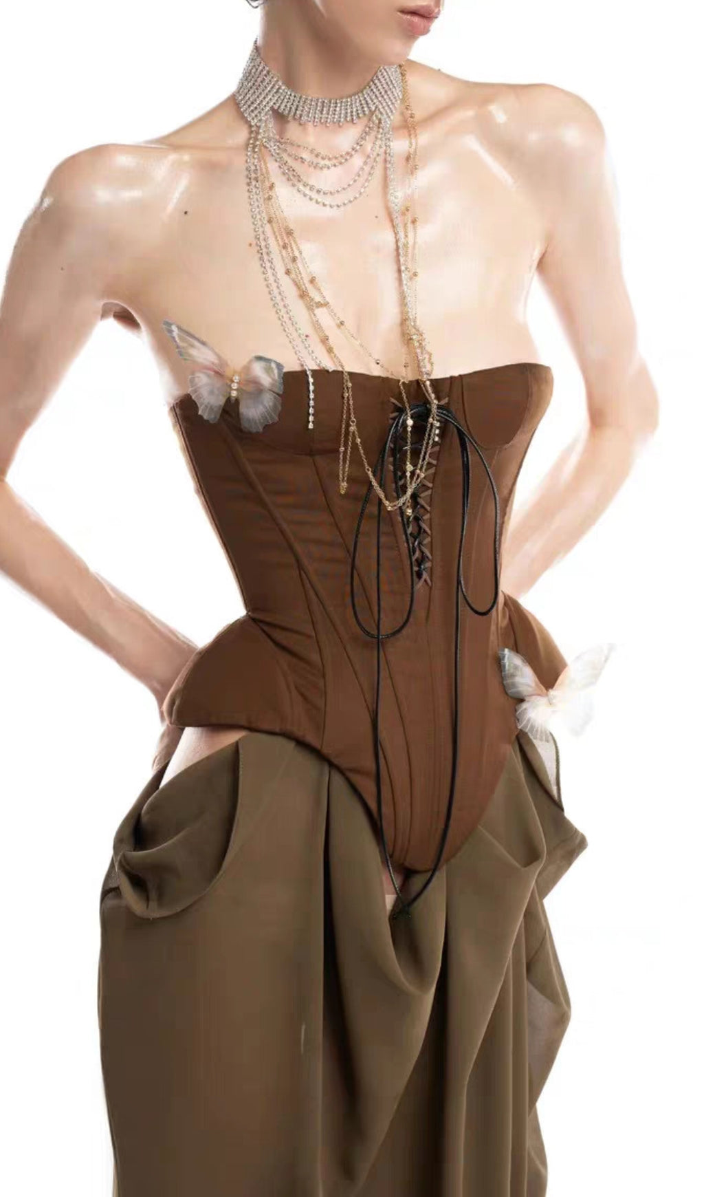 Edna Brown Strapless Corset Maxi Dress Flowering Girl