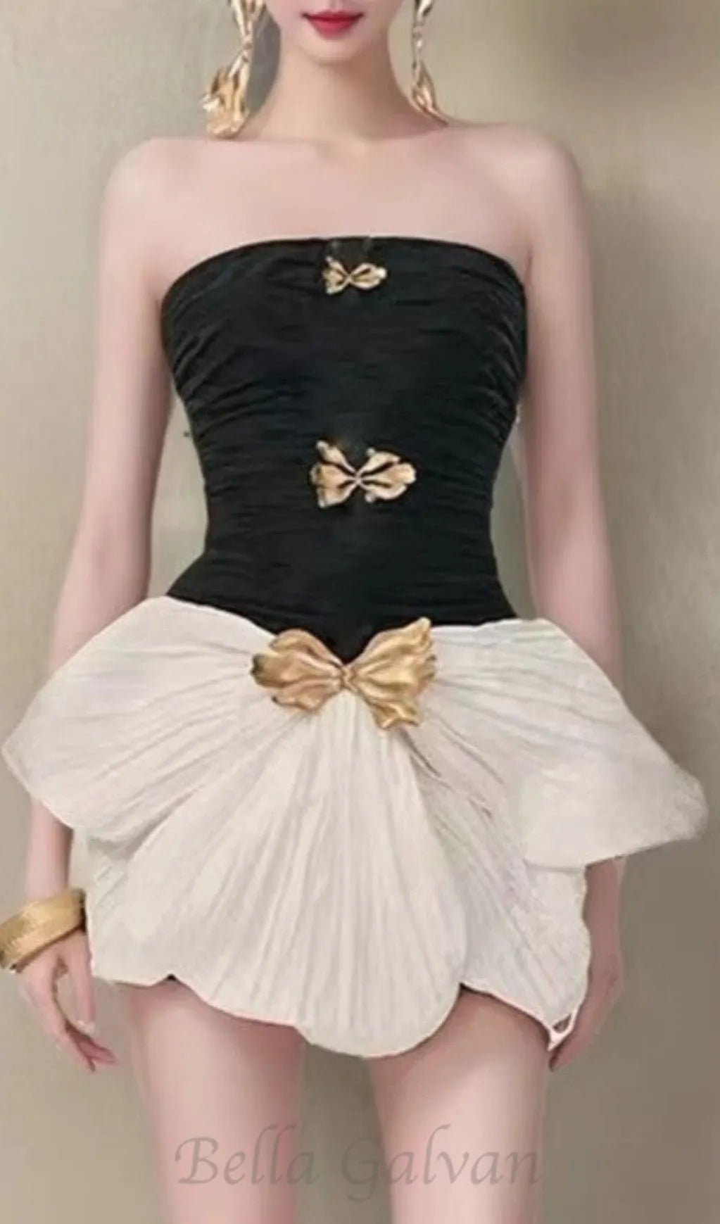 two-tone bow strapless ruched mini dress Flowering Girl