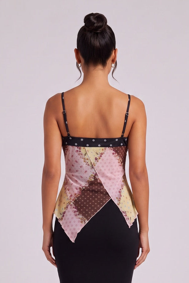 Black Sheer Chiffon Fitted Bodice with Asymmetrical Handkerchief Hem Camisole Top Flowering Girl