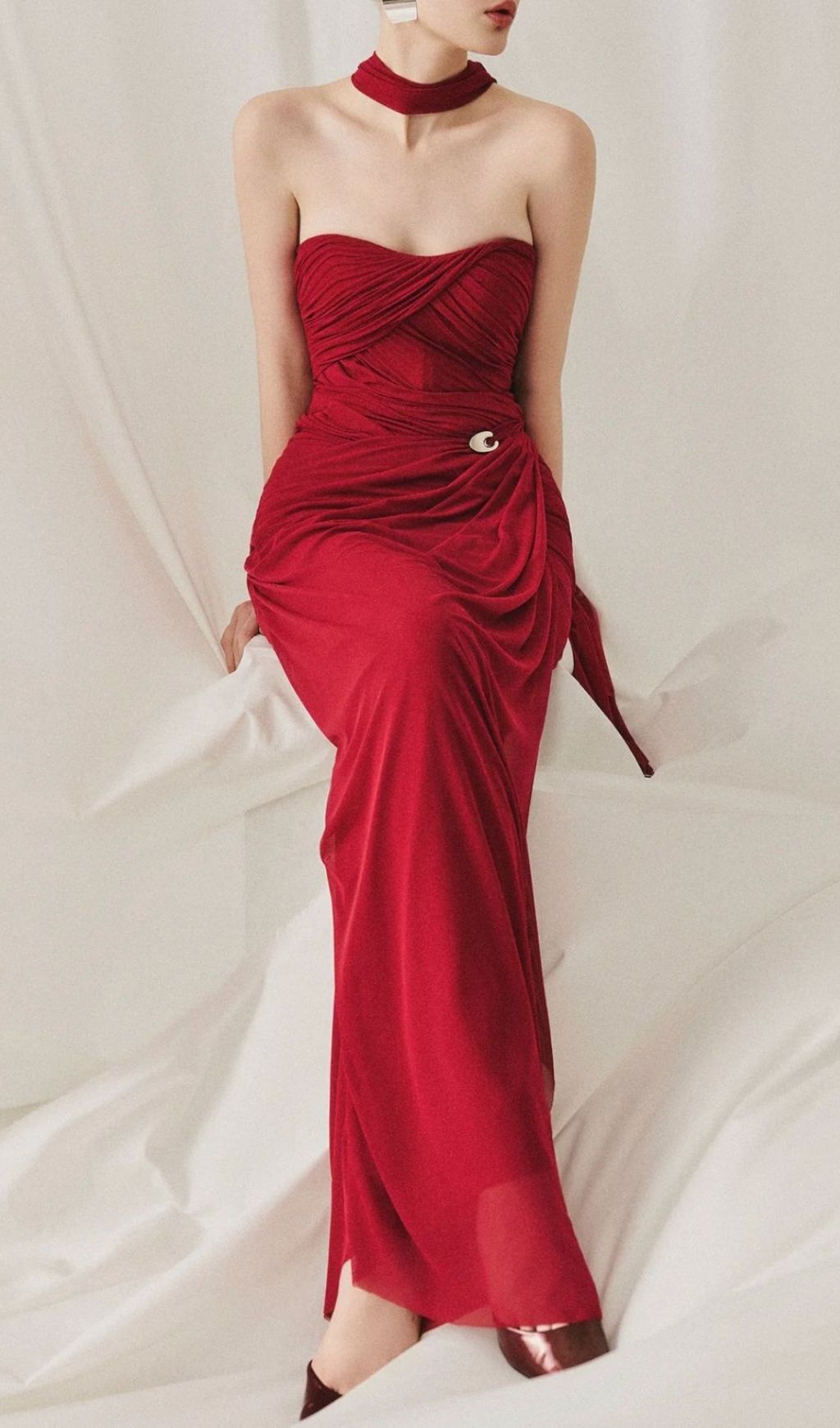 Lacey Red Ruched Maxi Dress Flowering Girl