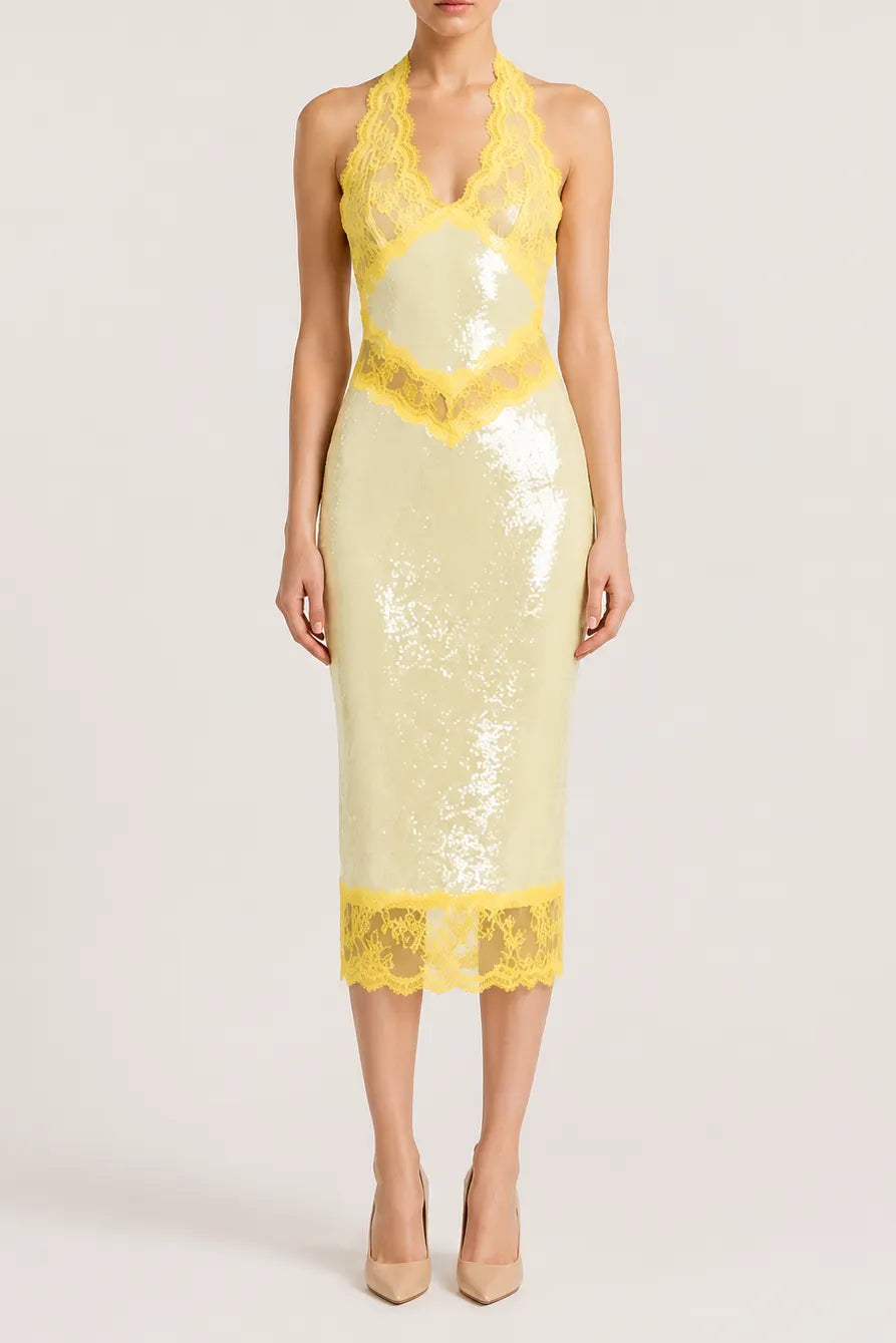 Halter Lace Trim Sequin Midi Dress Flowering Girl