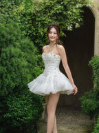 Irene Floral Print Strapless Tulle Mini Dress In White Flowering Girl
