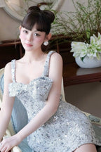 Anila Sequin Bow Slip Mini Dress In Silver Flowering Girl