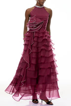 Samantha Red 3D Petal Ruffled Rhinestone Embellished Maxi Dress Flowering Girl