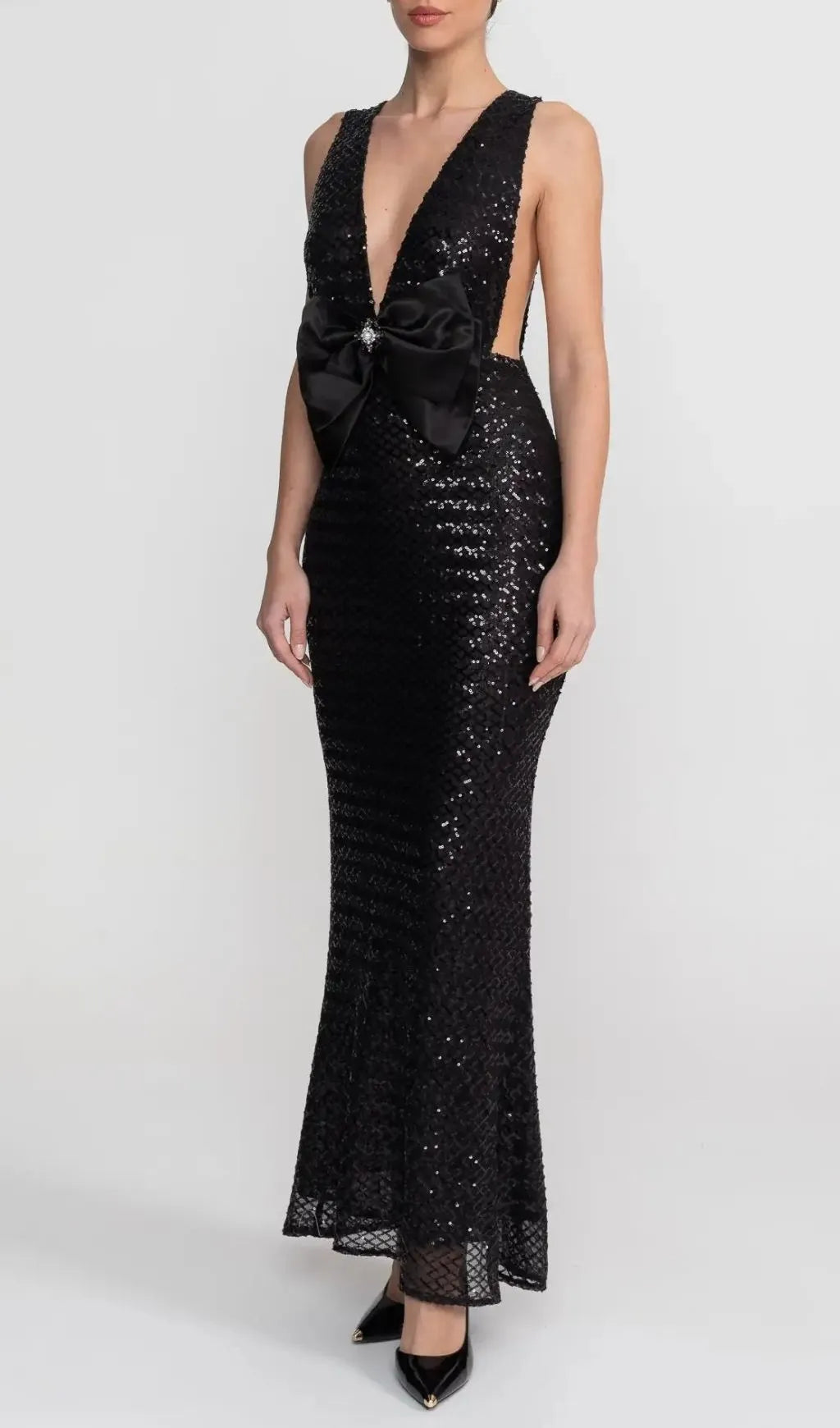Sequin Maxi Dress With Satin Bow Detail - Black Flowering Girl
