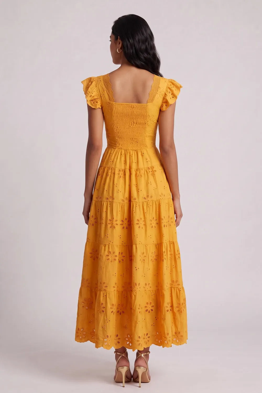 Scallop V-Neck Ruffle Sleeve Eyelet Tiered Midi Dress Flowering Girl