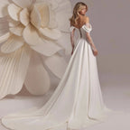 A Line Off Shoulder Split Satin Lace Appliques Bridal Gowns Flowering Girl
