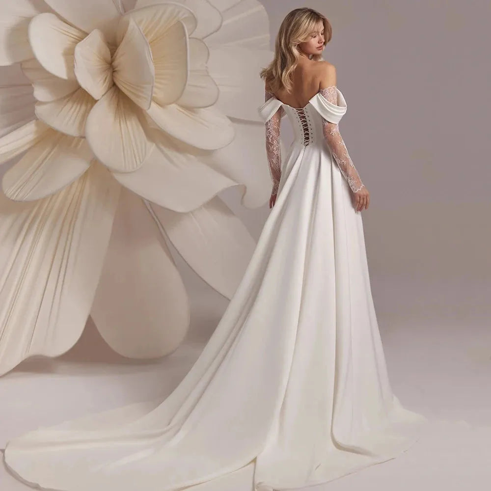 A Line Off Shoulder Split Satin Lace Appliques Bridal Gowns Flowering Girl