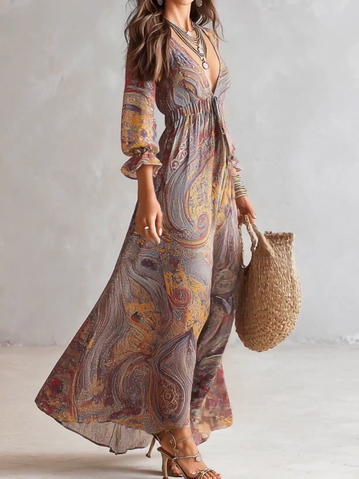 Paisley Print V-neck Gathered Chiffon Maxi Dress Flowering Girl