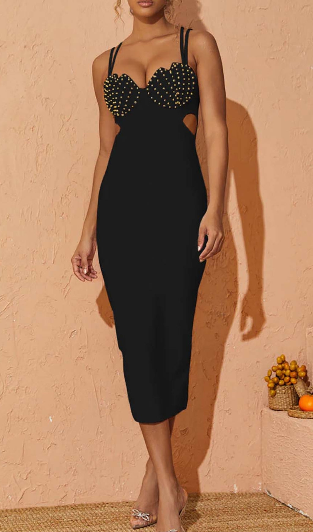 Shell Strap Beading Midi Dress In Black