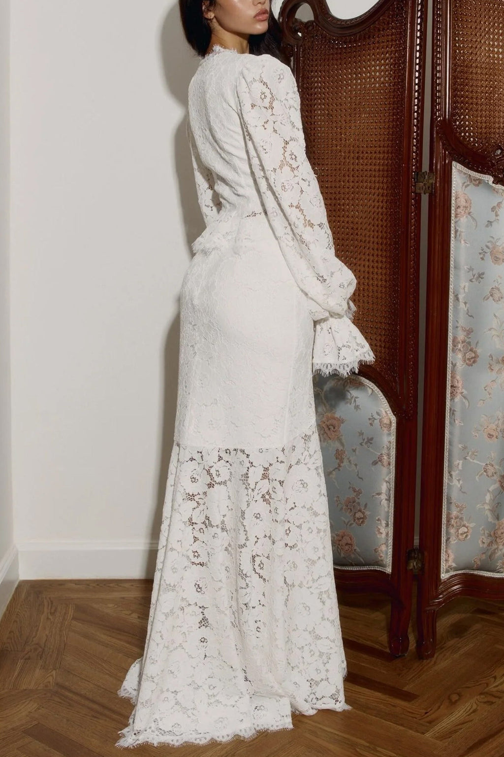 Emily Lace Trimmed Puff Sleeved Top & Fishtail Skirt Set In White Flowering Girl