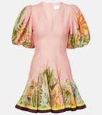 V-Neck Puff Sleeve Cotton Linen Printed Mini Dress - Pink Flowering Girl