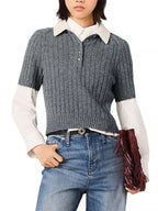 Beaded Collar Ribbed Sweater Flowering Girl