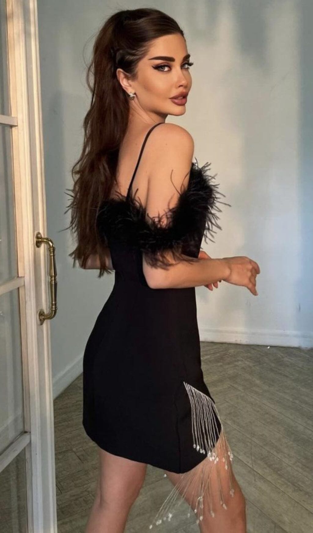 Feather Strap Diamond Chain Mini Dress In Black Flowering Girl