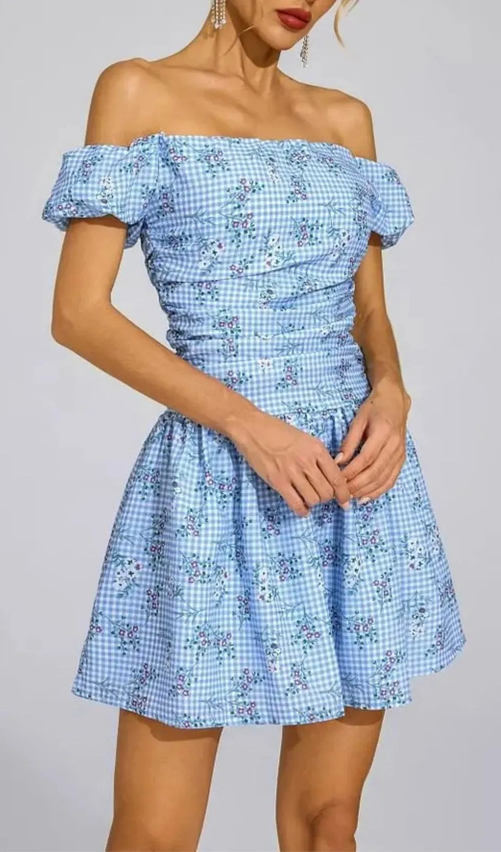 Sophia Blue Floral Off-Shoulder Mini Dress Flowering Girl